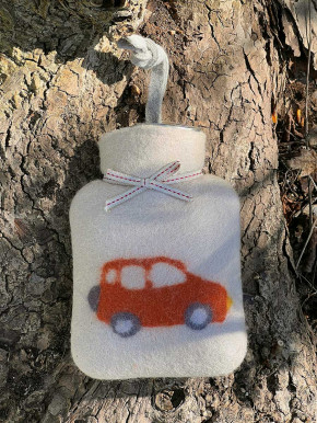 Dorothee Lehnen Miniwärmflasche Auto peyote rust Hülle Merinowolle gefilzt 0,2l