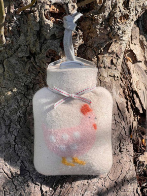 Dorothee Lehnen Miniwärmflasche Huhn peyote dusty rose Hülle Merinowolle gefilzt 0,2l