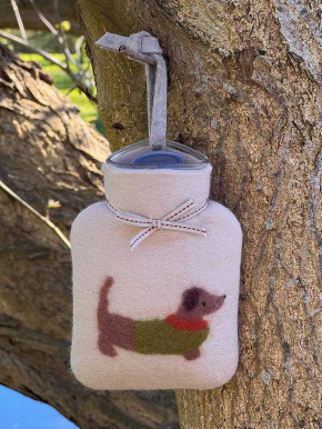 Dorothee Lehnen Miniwärmflasche Pulloverdackel peyote cactus Hülle Merinowolle gefilzt 0,2l