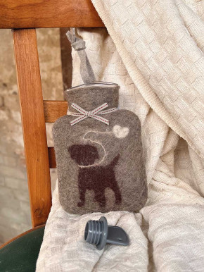 Dorothee Lehnen Miniwärmflasche Puppy Dog cashmere Hülle Merinowolle gefilzt 0,2l