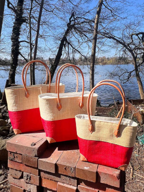 frosch und rabe Shopper beige rot mit Futter Lederpatches S