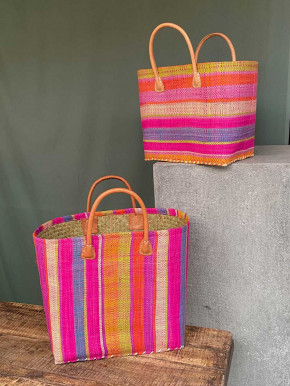 frosch und rabe Shopper soft pink grün lila bunt gestreift kurze Lederhenkel L